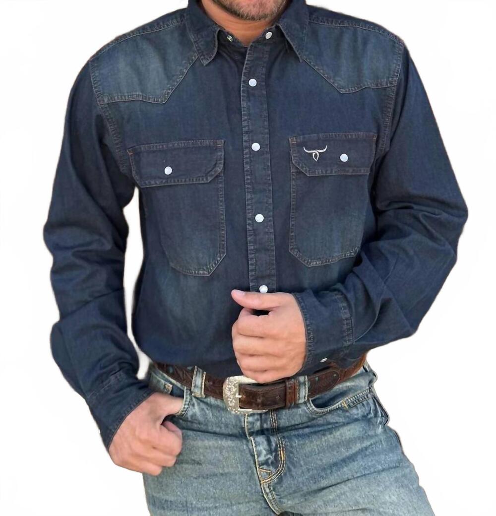 NEW DROVER COWBOY THREADS tumbleweed denim pearl snap western shirt in dark wash